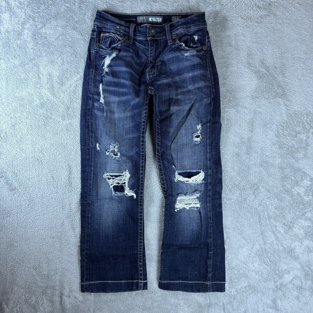BKE Aiden Jeans Mens 27R Blue Slim Boot Western Distressed Hemmed